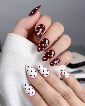 Choco Pop press-on nail set — Wine Red & Creamy White Contrast, Retro Polka Dots. design, hand-painted with real gel polish