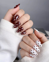 Choco Pop press-on nails — Wine Red & Creamy White Contrast, Retro Polka Dots. handmade nail art by Joyee Nails