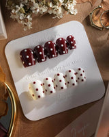 Choco Pop press-on nails — Wine Red & Creamy White Contrast, Retro Polka Dots. handmade nail art by Joyee Nails