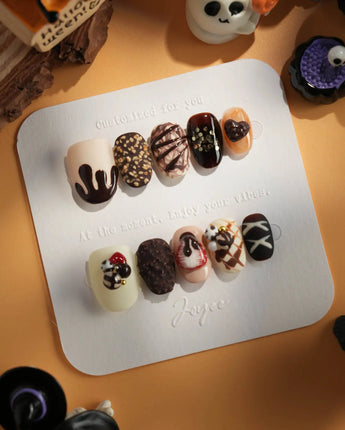 Chocolate Box press-on nails with chocolate-inspired 3D details and rich brown gel tones