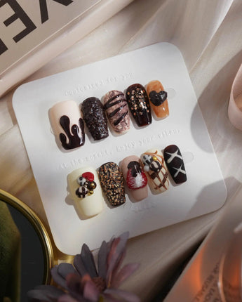 Chocolate Box short coffin press-on nails with realistic chocolate dessert accents