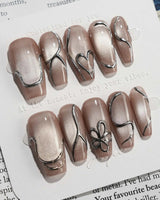 Chrome lines press-on nails — Cool-toned Silver Grey Cat Eye, Liquid Metal Lines & 3D Heart. handmade nail art by Joyee Nails