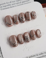 Chrome lines press-on nails — Cool-toned Silver Grey Cat Eye, Liquid Metal Lines & 3D Heart. handmade nail art by Joyee Nails