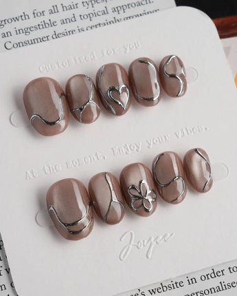 Chrome lines press-on nails — Cool-toned Silver Grey Cat Eye, Liquid Metal Lines & 3D Heart. handmade nail art by Joyee Nails