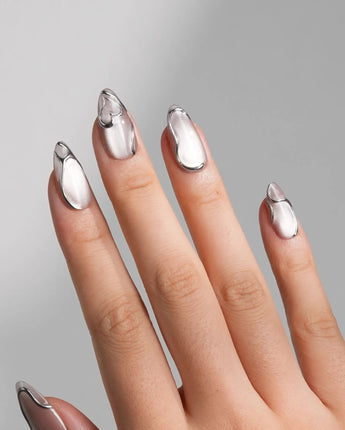 Chrome lines press-on nails — Cool-toned Silver Grey Cat Eye, Liquid Metal Lines & 3D Heart. handmade nail art by Joyee Nails