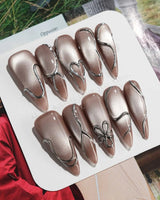 Chrome lines press-on nails — Cool-toned Silver Grey Cat Eye, Liquid Metal Lines & 3D Heart. handmade nail art by Joyee Nails