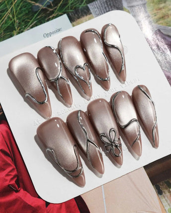 Chrome lines press-on nails — Cool-toned Silver Grey Cat Eye, Liquid Metal Lines & 3D Heart. handmade nail art by Joyee Nails