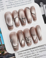 Chrome lines press-on nails — Cool-toned Silver Grey Cat Eye, Liquid Metal Lines & 3D Heart. handmade nail art by Joyee Nails