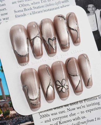 Chrome lines press-on nails — Cool-toned Silver Grey Cat Eye, Liquid Metal Lines & 3D Heart. handmade nail art by Joyee Nails