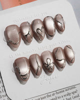 Chrome lines press-on nails — Cool-toned Silver Grey Cat Eye, Liquid Metal Lines & 3D Heart. handmade nail art by Joyee Nails