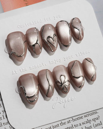 Chrome lines press-on nails — Cool-toned Silver Grey Cat Eye, Liquid Metal Lines & 3D Heart. handmade nail art by Joyee Nails