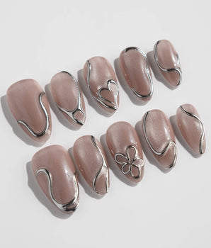 Chrome lines press-on nails — Cool-toned Silver Grey Cat
