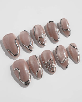 Chrome lines press-on nails — Cool-toned Silver Grey Cat