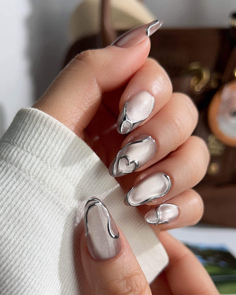 Chrome lines press-on nails — Cool-toned Silver Grey Cat Eye, Liquid Metal Lines & 3D Heart. handmade nail art by Joyee Nails