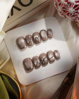 Chrome lines press-on nails in extra short coffin shape — Cool-toned Silver Grey Cat Eye, Liquid Metal Lines & 3D Heart.