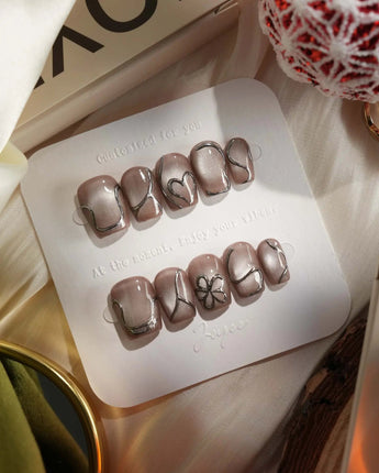 Chrome lines press-on nails in extra short coffin shape — Cool-toned Silver Grey Cat Eye, Liquid Metal Lines & 3D Heart.