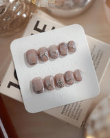 Chrome lines press-on nails in extra short squoval shape — Cool-toned Silver Grey Cat Eye, Liquid Metal Lines & 3D Heart.