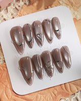 Chrome lines press-on nails in medium stiletto shape — Cool-toned Silver Grey Cat Eye, Liquid Metal Lines & 3D Heart.