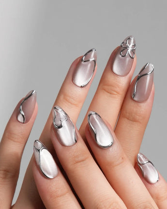 Chrome lines handmade press-on nails featuring Cool-toned Silver Grey Cat Eye, Liquid Metal Lines & 3D Heart.