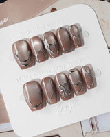 Chrome lines press-on nails in short coffin shape — Cool-toned Silver Grey Cat Eye, Liquid Metal Lines & 3D Heart.