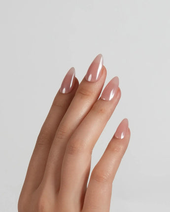 Chrome Nails Peachy PINK press-on nails in medium almond shape — blush pink glazed chrome