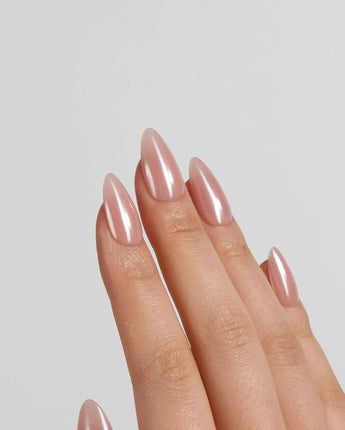 Chrome Nails Peachy PINK press-on nails in medium almond shape — blush pink glazed chrome