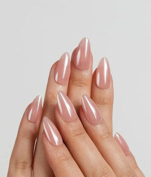 Chrome Nails Peachy PINK press-on nail set — blush pink glazed chrome design, hand-painted with real gel polish
