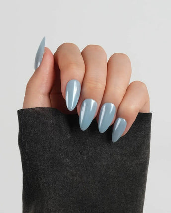 Chrome Nails - Sky Blue press-on nails in short almond shape — sky blue solid nails