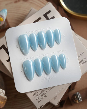 Chrome Nails - Sky Blue press-on nail set — sky blue solid nails design, hand-painted with real gel polish
