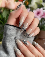 Chrome Rebellion press-on nails — Nude, 3D Silver Butterflies & Liquid Metal. handmade nail art by Joyee Nails
