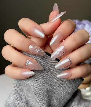 Chrome Wings press-on nail set — chrome Icy Pink, Sparkling Rhinestone Fireworks. design, hand-painted with real gel polish