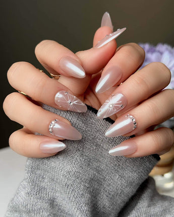 Chrome Wings press-on nail set — chrome Icy Pink, Sparkling Rhinestone Fireworks. design, hand-painted with real gel polish