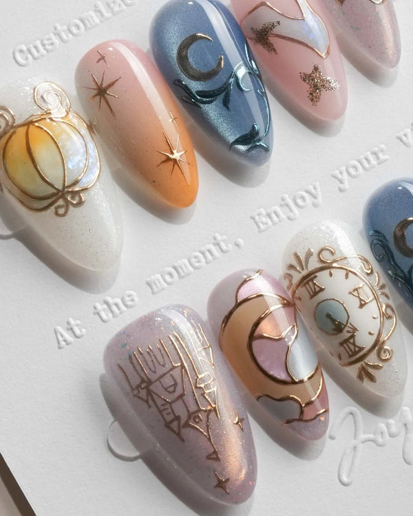 Cinderella Short Almond with multicolored elegant non-3d handmade press-on nails - image 1