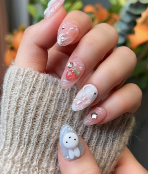 Cindy Miffy handmade press-on nails featuring Jelly Dual-Tone, 3D Bunny & Bear.