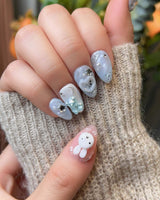 Cindy Miffy press-on nails in extra short almond shape — Jelly Dual-Tone, 3D Bunny & Bear.