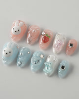 Cindy Miffy press-on nail set — Jelly Dual-Tone, 3D Bunny & Bear. design, hand-painted with real gel polish
