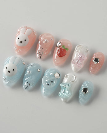 Cindy Miffy press-on nail set — Jelly Dual-Tone, 3D Bunny & Bear. design, hand-painted with real gel polish