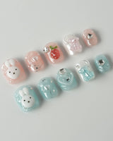 Cindy Miffy press-on nails in extra short squoval shape — Jelly Dual-Tone, 3D Bunny & Bear.