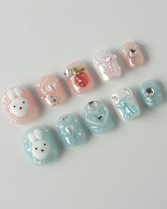 Cindy Miffy press-on nails in extra short squoval shape — Jelly Dual-Tone, 3D Bunny & Bear.
