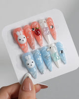 Cindy Miffy press-on nails in long stiletto shape — Jelly Dual-Tone, 3D Bunny & Bear.