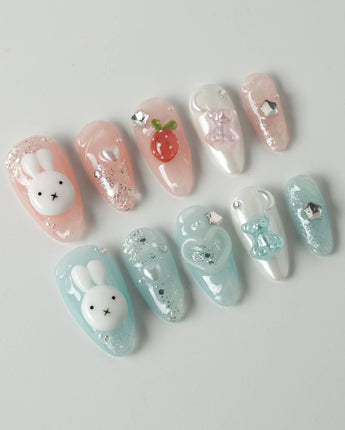 Cindy Miffy press-on nails in medium almond shape — Jelly Dual-Tone, 3D Bunny & Bear.
