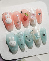 Cindy Miffy press-on nails in medium coffin shape — Jelly Dual-Tone, 3D Bunny & Bear.