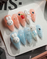 Cindy Miffy press-on nails in medium stiletto shape — Jelly Dual-Tone, 3D Bunny & Bear.