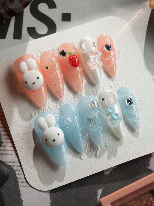 Cindy Miffy press-on nails in medium stiletto shape — Jelly Dual-Tone, 3D Bunny & Bear.