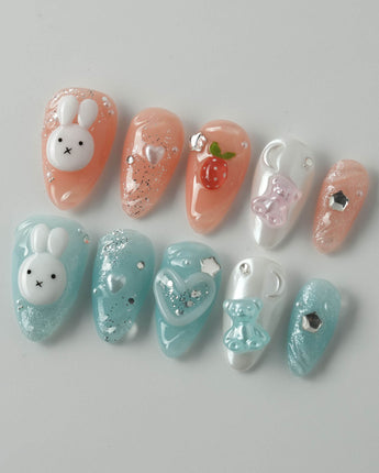 Cindy Miffy press-on nails in short almond shape — Jelly Dual-Tone, 3D Bunny & Bear.
