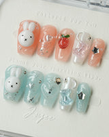Cindy Miffy press-on nails in short coffin shape — Jelly Dual-Tone, 3D Bunny & Bear.