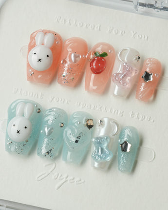 Cindy Miffy press-on nails in short coffin shape — Jelly Dual-Tone, 3D Bunny & Bear.