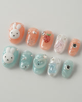 Cindy Miffy press-on nails in short oval shape — Jelly Dual-Tone, 3D Bunny & Bear.