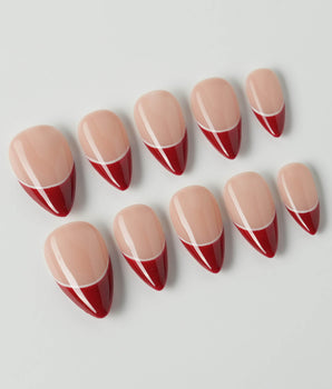 Classic Return - Rose press-on nails in short stiletto shape — Burgundy & Nude Pink, Minimalist White Line French.