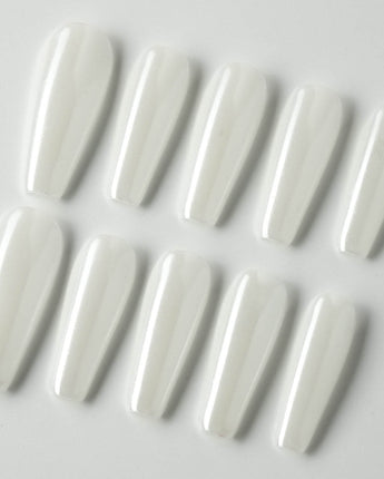 Clean Pearl press-on nails in long coffin shape — white chrome nails